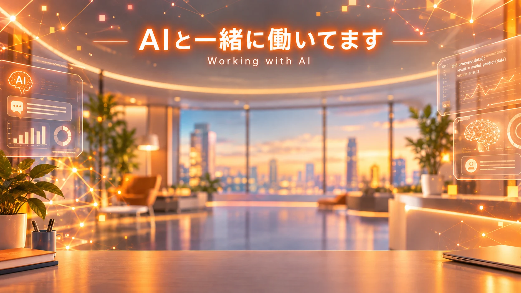 オンライン会議用の背景画像。「AIと一緒に働いてます Working with AI」の文字と、AIのダッシュボードが浮かぶオフィス。